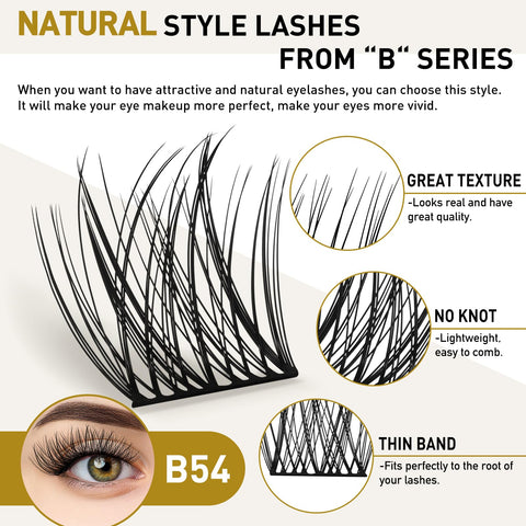 B&Qaugen Cluster Lashes, B 54, D-12mm, Vegan, False Eyelash Extensions, 72 Clusters, DIY at Home, Individual Lashes, Lightweight, Matte Dark, Reusable