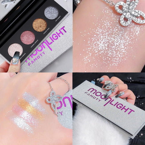 Jutqut 4 Colors Highlight Eyeshadow Palette, Shimmer Glitter Eyeshadow Palette, Cruelty-Free and Vegan Formula, Korean Eye Glitter Sparkle Shimmery Eyeshadow for Professional Makeup Kit