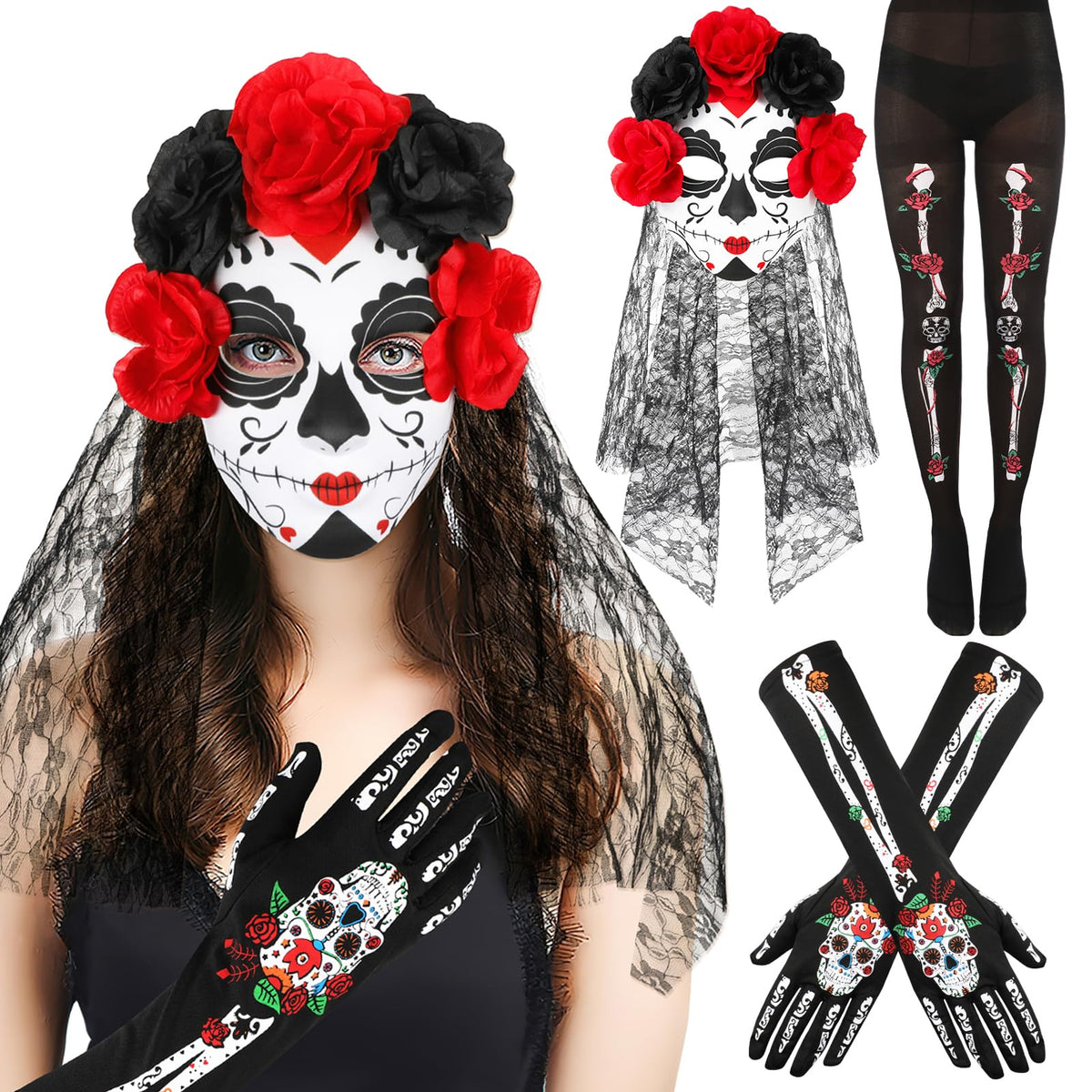 HOWAF Women's Day of the Dead Costume Set, Include Skeleton Stocking Long Arm Gloves and Mexican Flower Crown Headband, Halloween Day of the Dead Accessories Headband Thigh Socks Full Finger Gloves