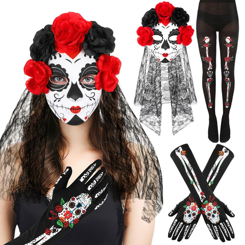 HOWAF Women's Day of the Dead Costume Set, Include Skeleton Stocking Long Arm Gloves and Mexican Flower Crown Headband, Halloween Day of the Dead Accessories Headband Thigh Socks Full Finger Gloves
