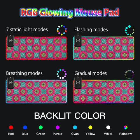 Ethnic Floral African Style Wireless Charging Mouse Pad for Mobile Phone Extra Large Gaming Mousepad with 13 Lighting Modes Computer Mat for Office Home Gaming MacBook PC Laptop Desk