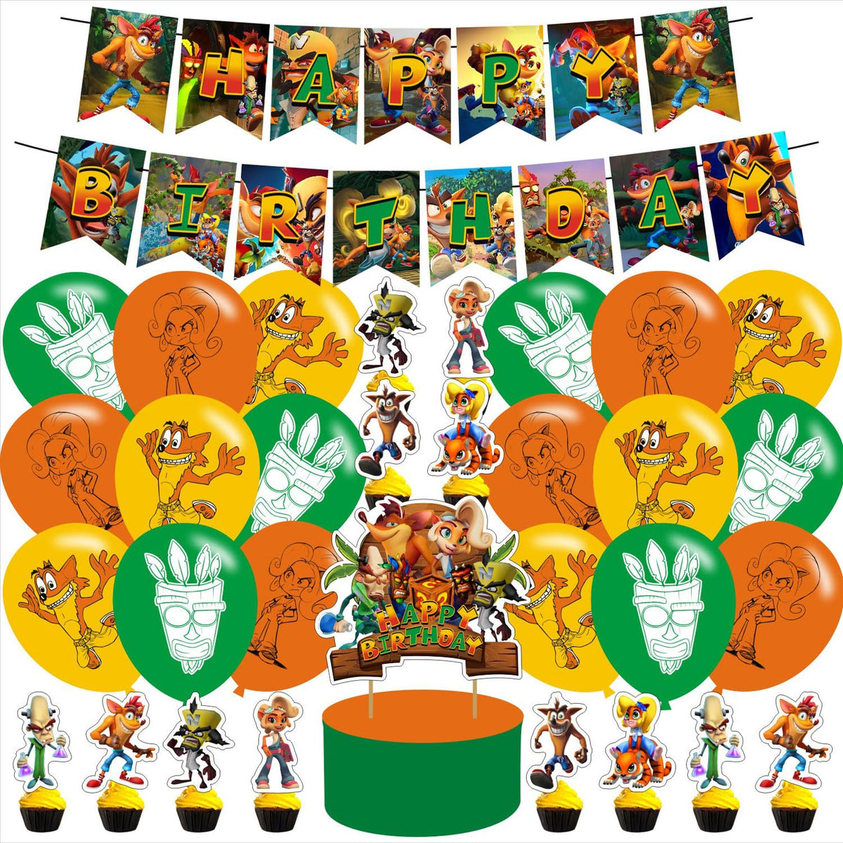 Crash Bandicoot Birthday Party Decoration,Crash Bandicoot Theme Birthday Banner, Cake Topper, Latex Balloons for Movie Birthday Party Supplies