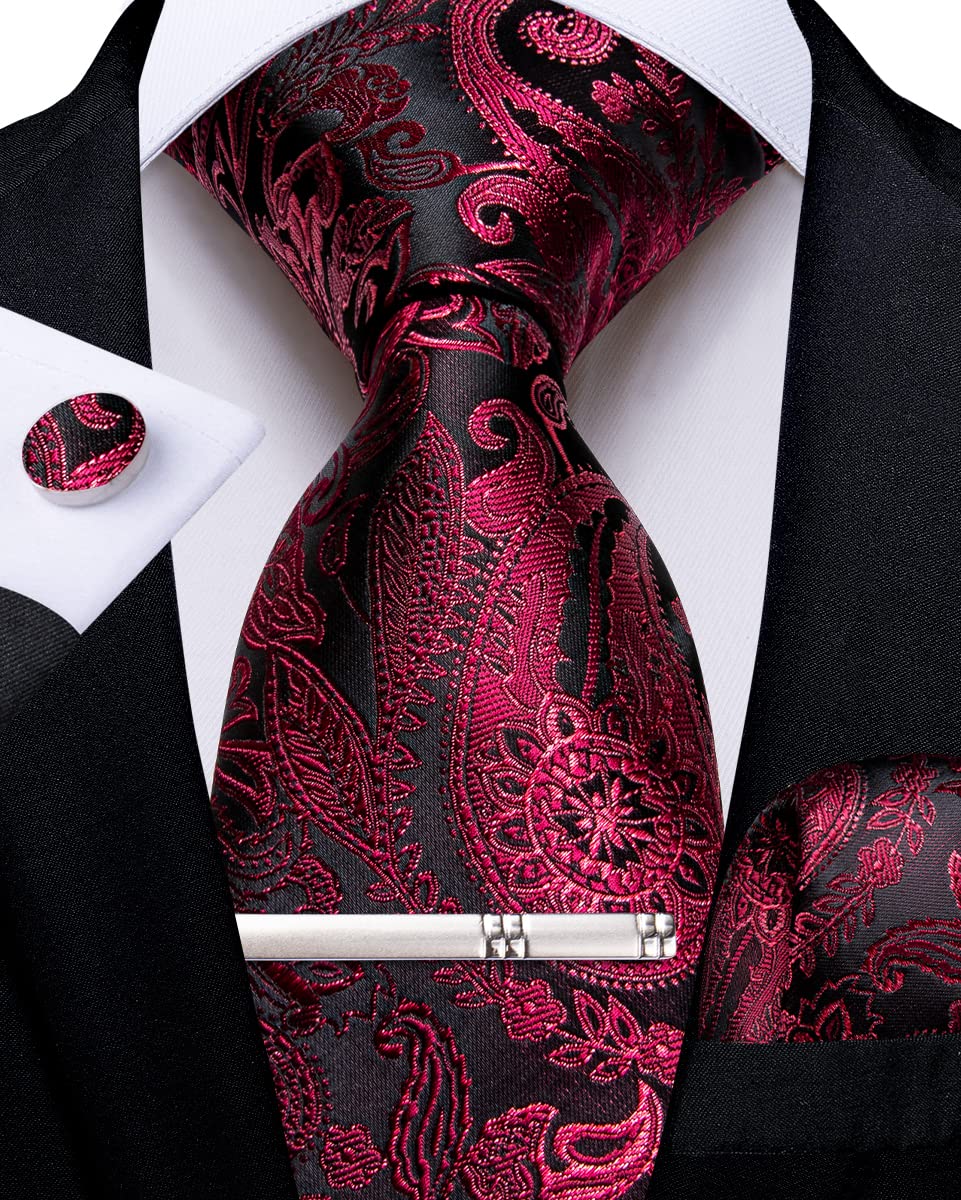 DiBanGu Burgundy Silk Tie Handkerchief for Men Paisley Floral Necktie and Pocket Square Set Wedding Party