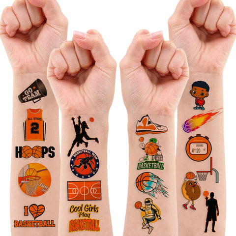 8 Sheets (96PCS) Basketball Temporary Tattoos Sports Theme Birthday Party Decorations Supplies Favors Decor Stickers For Kids Boys Girls Gifts Classroom School Prizes Rewards