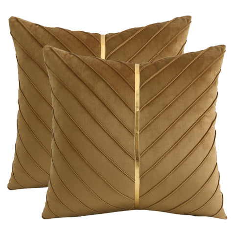 Tosleo Brown Velvet Throw Pillow Covers 18x18 inch Pack of 2 with Gold Leather Decorative Couch Pillow Cover Luxury Modern Pillowcases for Living Room Bedroom Sofa Cushion Bed 45x45CM