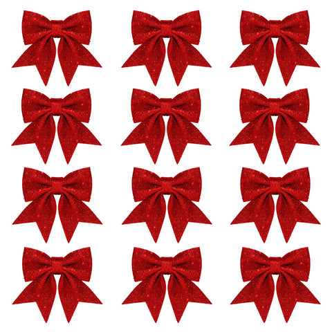 Whaline 12pcs 5.5'' Christmas Bow Decorations, Red Wreaths Bows, Small Christmas Tree Bow, Sequin Bow Ties, Xmas Decorative Bows Ornaments for Home Christmas Party