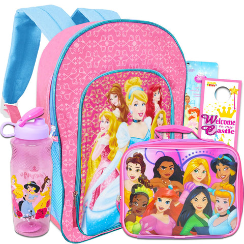 Disney Princess Backpack and Lunch Box Set for Girls - Bundle with Princess School Bag, Lunch Bag, Stickers, and Water Bottle for Kids (Princess School Supplies)