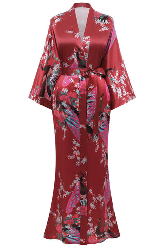 BABEYOND Women's Kimono Robe Long Satin Robes with Peacock and Blossoms Printed Kimono Nightgown