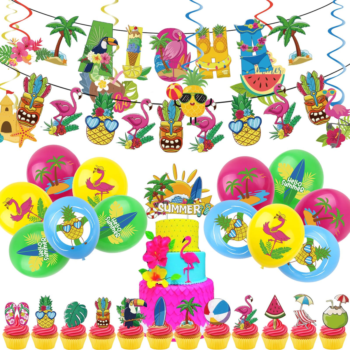44pcs Hawaiian Tropical Party Decorations Set,Aloha Banner Bunting,Hawaii Party Latex Balloons Pineapple Palm Leaves Flamingo Cake Toppers Hanging Spiral for Summer Beach Hawaiian Theme Party Supplies