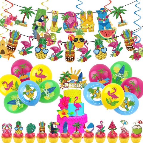 44pcs Hawaiian Tropical Party Decorations Set,Aloha Banner Bunting,Hawaii Party Latex Balloons Pineapple Palm Leaves Flamingo Cake Toppers Hanging Spiral for Summer Beach Hawaiian Theme Party Supplies