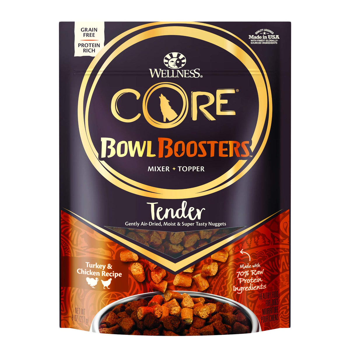 Wellness CORE Natural Grain Free Bowl Boosters Tender Dog Food Mixer Or Topper (Turkey & Chicken Recipe, 8-Ounce Bag)