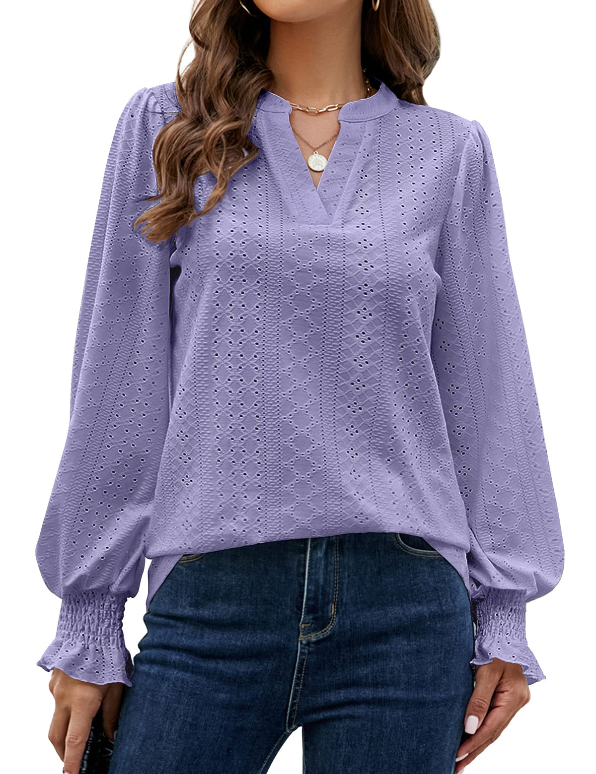 BMJL Women's Fall Clothes Work Shirts Long Sleeve Eyelet Blouses V Neck Business Casual Tops, Purple, Large