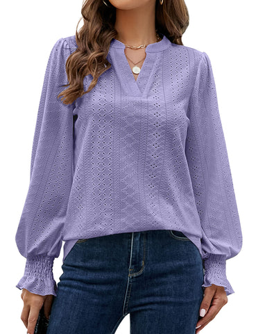 BMJL Women's Fall Clothes Work Shirts Long Sleeve Eyelet Blouses V Neck Business Casual Tops, Purple, Large