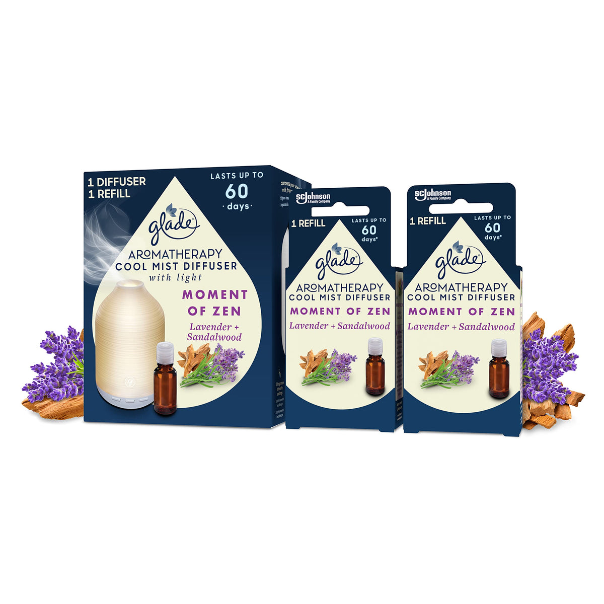 Glade Aromatherapy Cool Mist Diffuser Gift Set, Home DÃ©cor Essential Oils Diffuser Calming Fragrance, Moment of Zen with Lavender & Sandalwood, 1 Holder + 3 Refills