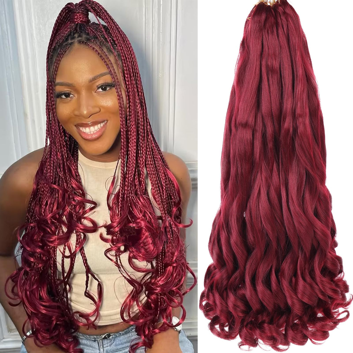 COOKOO 22 Inch 9 PCS Pre Stretched French Curls Braiding Hair for Goddess Crochet Box Braids Burgundy French Braiding Hair Spanish Curly Crochet Hair Loose Wave Curly Braids Hair Extensions BUG#