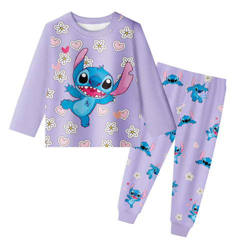 Aepotumn Stitch Girls Pyjamas Kids 2 Piece Long Sleeve Pjs Sleepwear Top and Shorts Set Outfit for 7-12 Years, Purple Long
