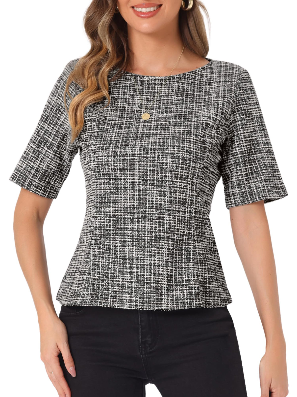 Allegra K Women's Tweed Top for Work Office Blouse Short Sleeve Round Neck, Black, S