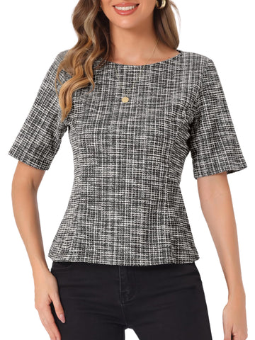 Allegra K Women's Tweed Top for Work Office Blouse Short Sleeve Round Neck, Black, S
