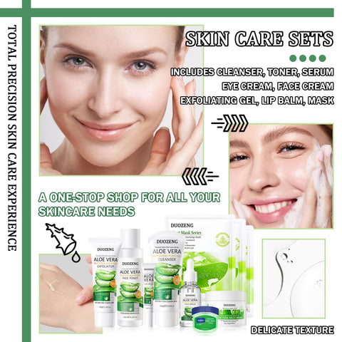 Skin Care Kit,Skincare Gift Set with Facial Cleanser,Toner,Serum,Eye Cream, Face Cream,Exfoliating Gel,Sleeping Lip Mask & 3 Pcs Aloe Vera Mask Kit for Women(10 Count)