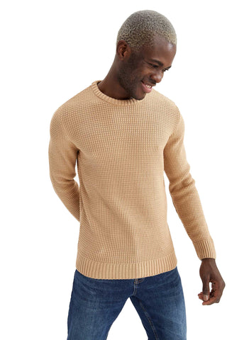 DeFacto Menâ€™s Tricot Long Sleeve Slim Fit Pullover Crewneck Sweater - Men's Knitted Jumper for Casual Wearing - Men's Fashion Long Sleeve Pullover for Casual Wearing(Beige,M)
