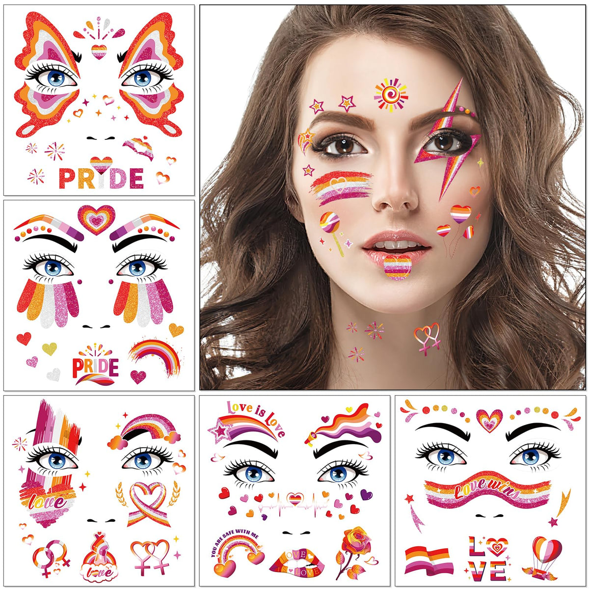 HOWAF 12pcs Girls Love Pride Glitter Face Tattoos, Gay Pride Temporary Tattoos for LGBTQ Parades Face Decor, Love Wins Face Painting Tattoos Stickers for Pride Month Parade Decor