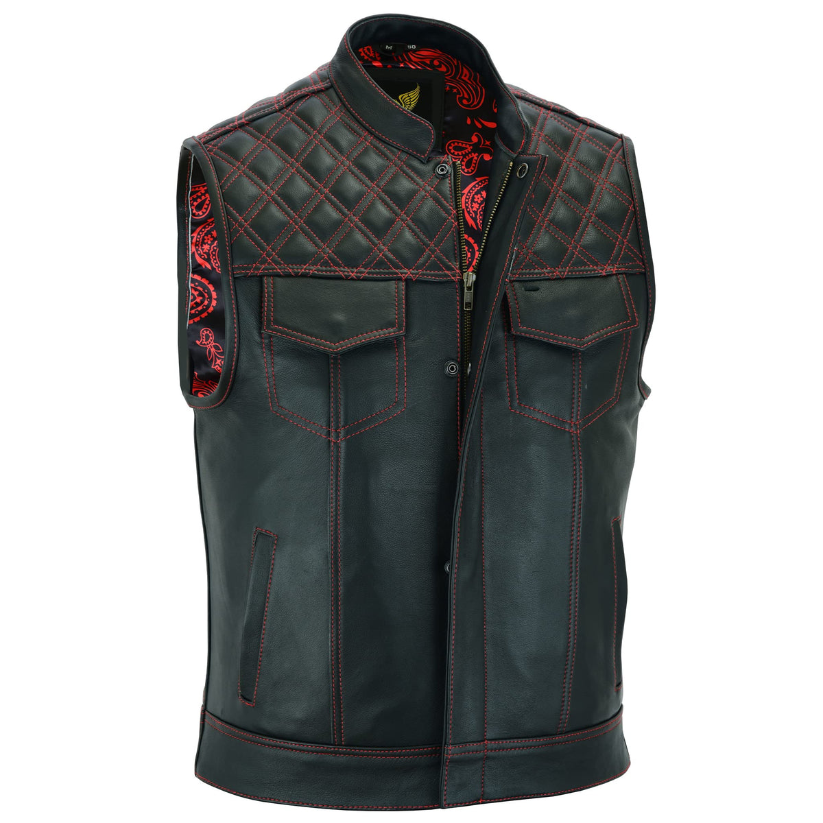 Leatherick Mens Black Motorcycle Vests - SOA Club & Traditional Paisley Satin Liner Leather Biker Vests (US, Alpha, 5X-Large, Regular, Regular, Black (Red Diamond))