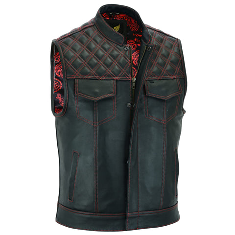 Leatherick Mens Black Motorcycle Vests - SOA Club & Traditional Paisley Satin Liner Leather Biker Vests (US, Alpha, 5X-Large, Regular, Regular, Black (Red Diamond))