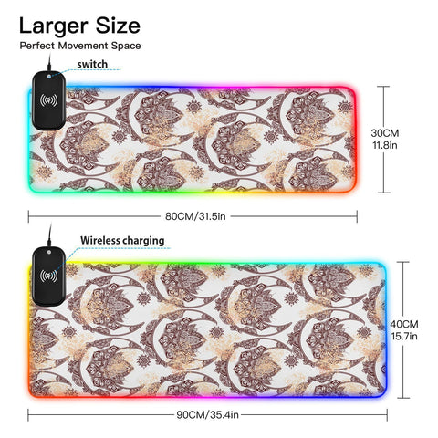 Boho Moon Sun Mandala Wireless Charging Mouse Pad for Mobile Phone Extra Large Gaming Mousepad with 13 Lighting Modes Keyboard Mat for Gaming MacBook PC Laptop Desk Office Home