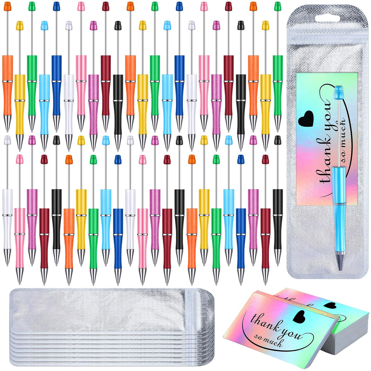 Yeaqee 150 Pieces Beadable Pens Kit 50 Pieces Colors Plastic Beaded Ballpoint Pens Bulk 50 Pieces Foil Thank You Cards with 50 Pieces Resealable Pen Packaging Bags for School (Bright Colors)