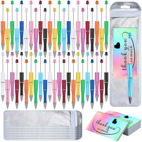 Yeaqee 150 Pieces Beadable Pens Kit 50 Pieces Colors Plastic Beaded Ballpoint Pens Bulk 50 Pieces Foil Thank You Cards with 50 Pieces Resealable Pen Packaging Bags for School (Bright Colors)