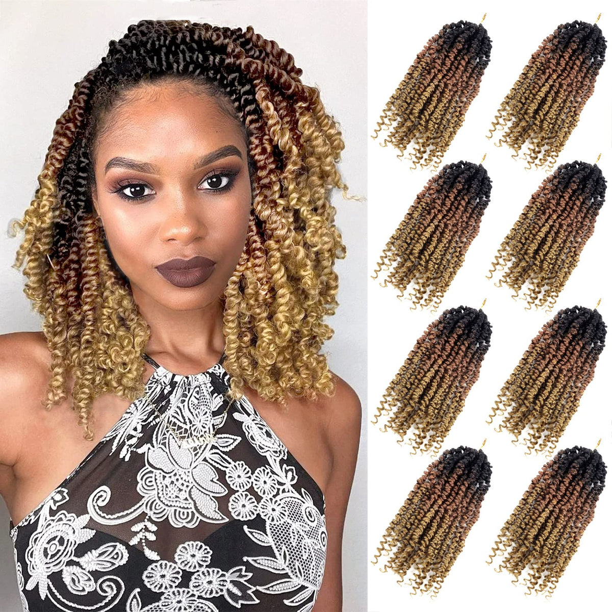 Pre-twisted Passion Twist Crochet Hair 10 Inch 8 Packs Crochet Passion Twist, Pre Looped Short Ombre Passion Twist Hair Crochet Twist Braids Bohemian Crochet Hair for Women Curly Ends T1B-30-27
