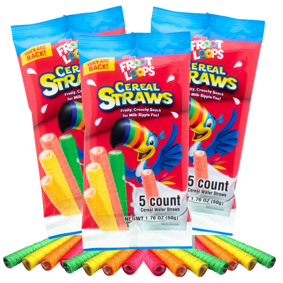 Froot Loops Cereal Straws, Edible Straw Alternatives for Milk, Nostalgic Breakfast Treat, Pack of 3, 5 Count Each