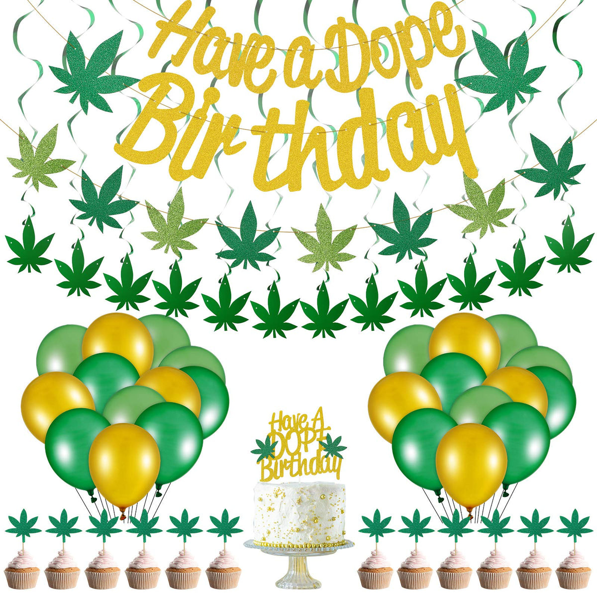3 Pieces Pot Leaves Birthday Banners Weed Leaves Birthday Decorations, 13 Pieces Pot Leaf Cake Toppers, 12 Pieces Hanging Swirls and 24 Pieces Balloons for Baby Shower Birthday Party Decoration