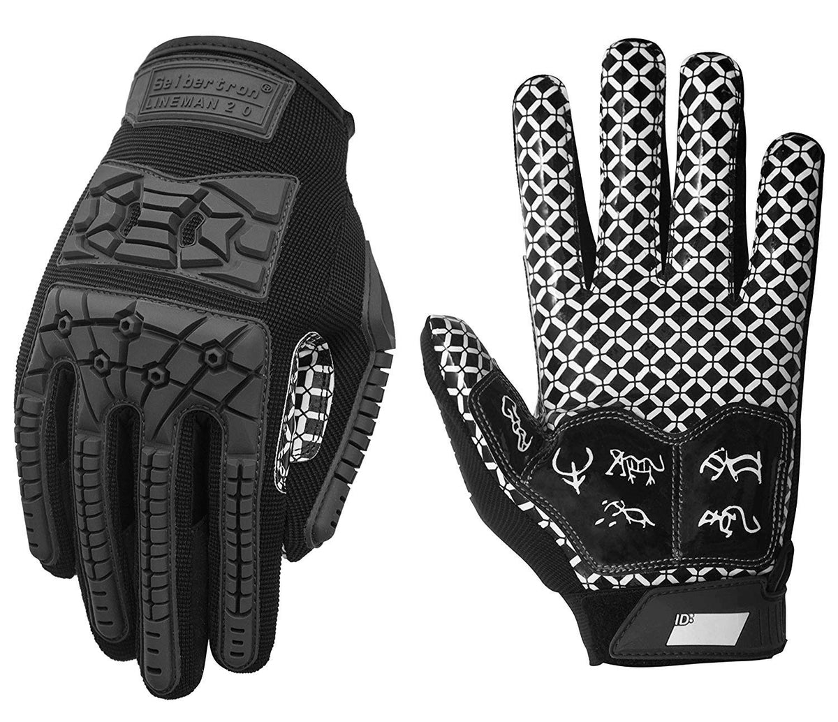 Seibertron Lineman 2.0 Padded Palm Football Receiver Gloves, Flexible TPR Impact Protection Back of Hand Glove Adult Sizes Black XL