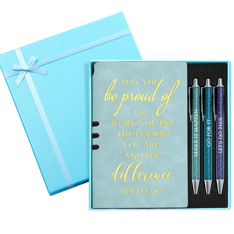 Resurhang 5 Pcs Employee Appreciation Gift for Women Inspirational Lady Gift Sign Leather Journal Lined Notebook 3 Ballpoint Pens with Box Thank You Gift for Teacher Nurse Coworker(Blue)