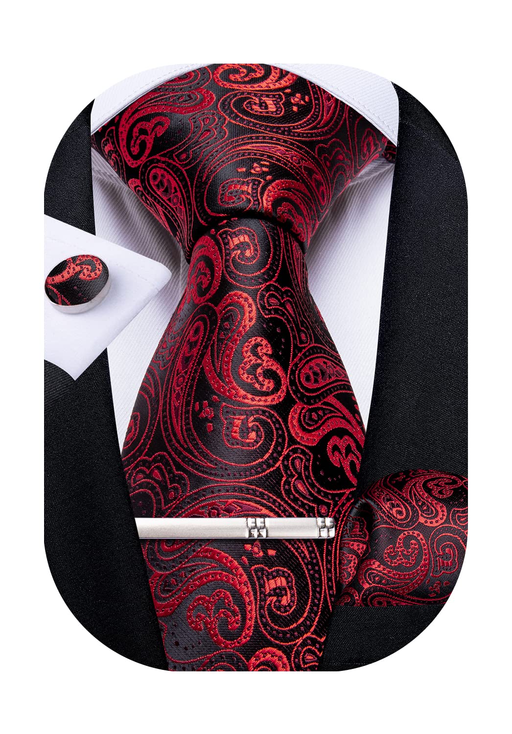 DiBanGu Paisley Ties for Men Silk Necktie and Pocket Square Cufflinks Tie Clip Set Woven Classic Mens Tie for Wedding Party, Wine Red and Black
