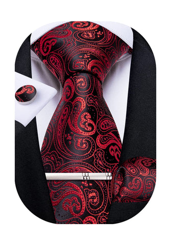 DiBanGu Paisley Ties for Men Silk Necktie and Pocket Square Cufflinks Tie Clip Set Woven Classic Mens Tie for Wedding Party, Wine Red and Black
