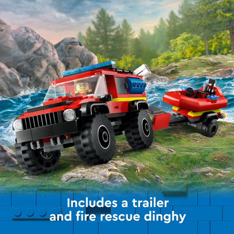 LEGO City 4x4 Fire Truck with Rescue Boat Toy for Kids Ages 5 and Up, Pretend Play Toy for Boys and Girls with a Truck Toy, Trailer, Dinghy and Tent, Plus 1 Camper and 2 Firefighter Minifigures, 60412