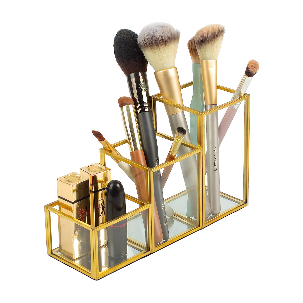 EQEY Glass Makeup Brush Holder with 3 Graduated Compartments Gold Makeup Organizer Stylish Storage Solution for Bathroom, Kitchen, and Vanity (8.3" x 2.8" x 4.7")