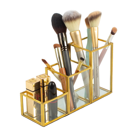 EQEY Glass Makeup Brush Holder with 3 Graduated Compartments Gold Makeup Organizer Stylish Storage Solution for Bathroom, Kitchen, and Vanity (8.3" x 2.8" x 4.7")