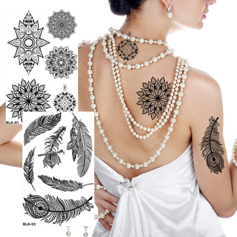Kotbs 8 Sheets Black Henna Tattoos, Realistic Temporary Tattoos for Women Girls, Lace Mehndi Mandala Lotus Feather Dreamcatcher Pattern Fake Tattoo