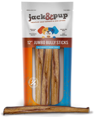 Jack&Pup 12" Bully Sticks for Dogs | Jumbo Odor Free Bully Sticks for Large Dogs | All Natural Beef Pizzle Sticks (12" Jumbo, 3 Pack)