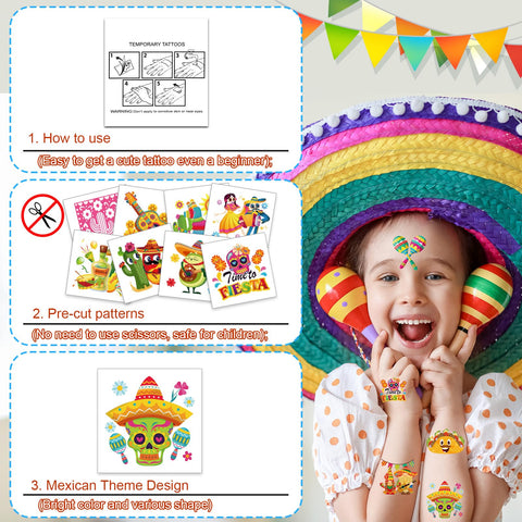 HOWAF 96 Pcs Mexican Cinco De Mayo Temporary Tattoos, 48 Styles Mexican Fiesta Party Supplies Tattoos for Birthday Cinco De Mayo Face Body Waterproof Tattoos Stickers for Mexican Party Decorations