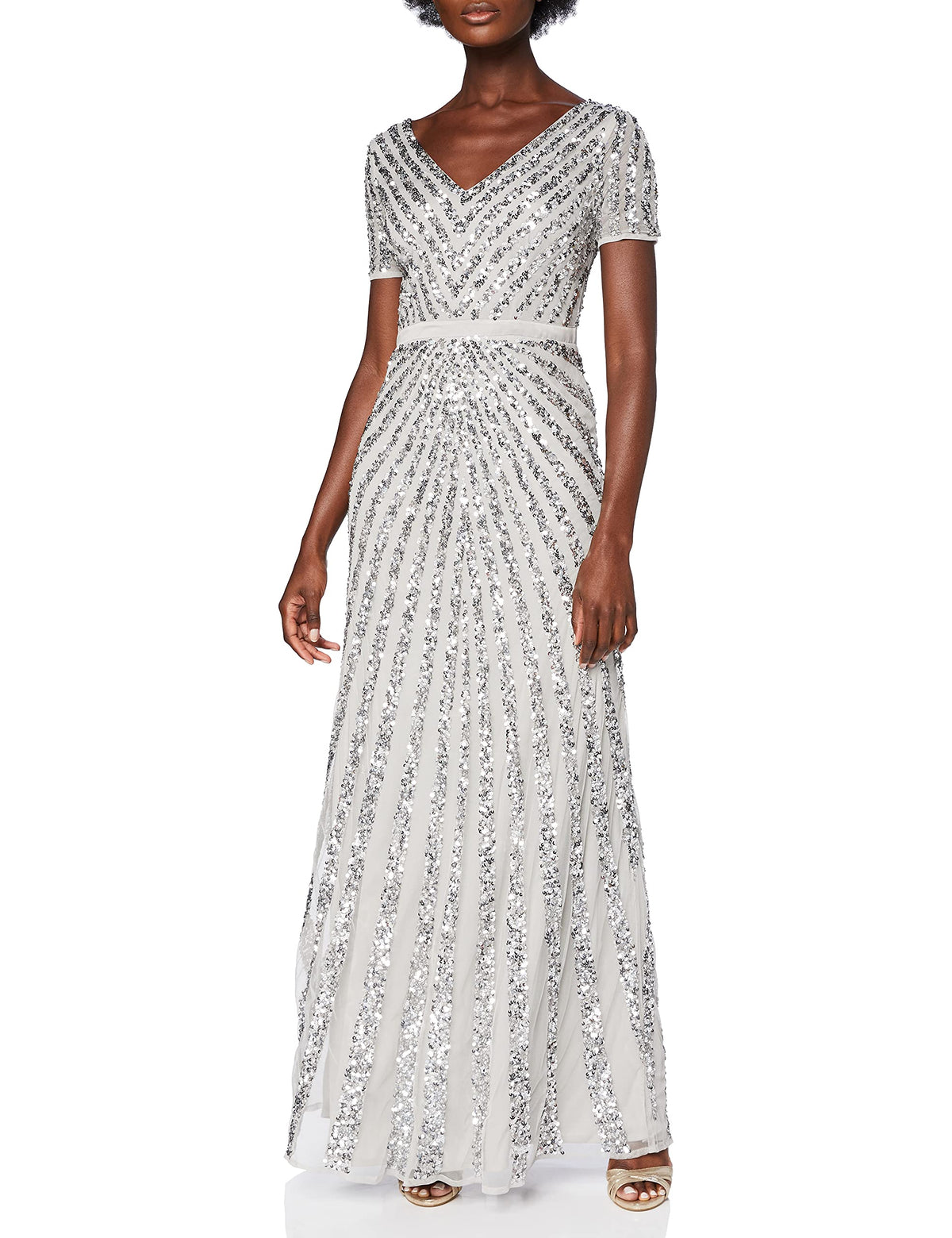 Maya Deluxe Women's Maxi Ladies Embellished Sequin Dress Long Short Sleeve V Neck High Empire Waist A Cut Shiny Prom Wedding Bridesmaid, Grey, 26