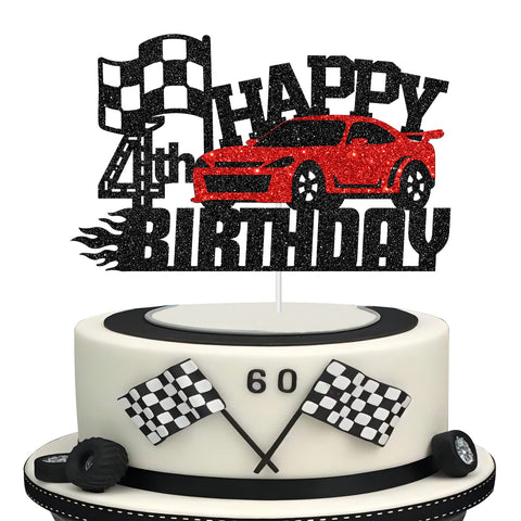 Dalaber Happy 4th Birthday Cake Topper for Kids, Boys - Race Car Theme Birthday Party Decoration Supplies - Four Years Old Birthday Party Cake Decors