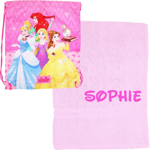 TeddyTs Personalised Princess School Drawstring Bag and Swimming Towel (Baby Pink)