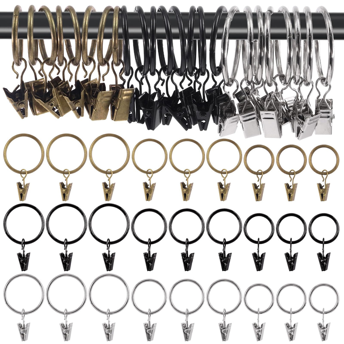 Mardatt 40Pcs Curtain Rings with Clips, 1.38" Interior Diameter Drapery Curtain Clip Rings Shower Curtain Rings Curtain Hooks Hangers Clip Rings for Window Bathroom Home and Kitchen(Silver)
