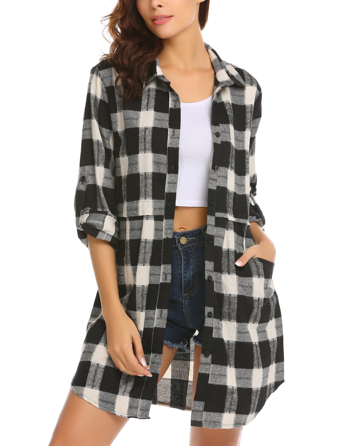 Hotouch Women's Checked Shirt Casual Long Sleeve V-Neck Checked Shirt Button Placket Oktoberfest Blouse Checked Shirt Jacket Tunic S-XXL, Black & Grey, S