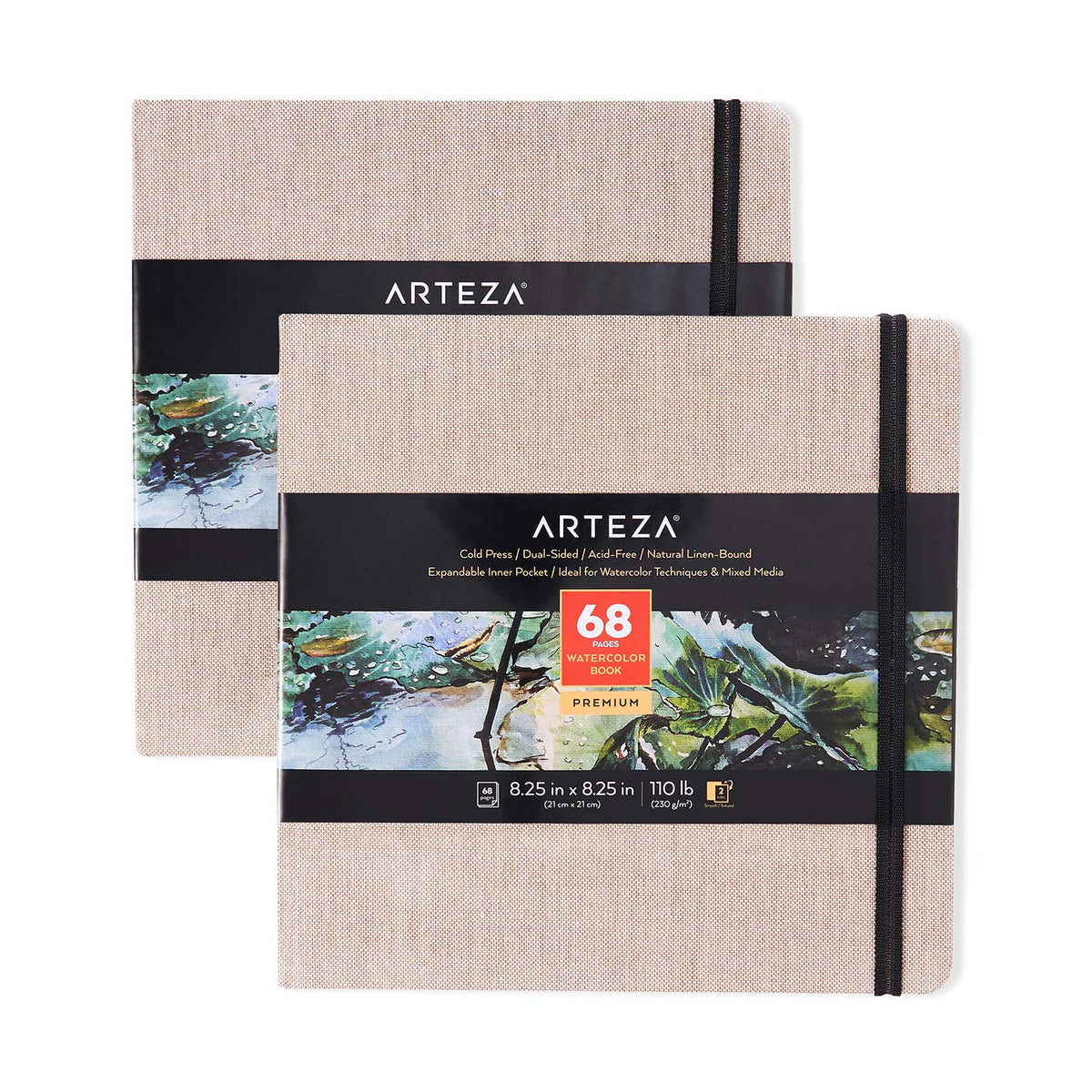 ARTEZA Watercolor Sketchbook, 2-Pack, 68 Pages Each, 8.25x8.25 Inches, Beige Watercolor Book, Hardcover 110lb/230gsm Watercolor Notebook