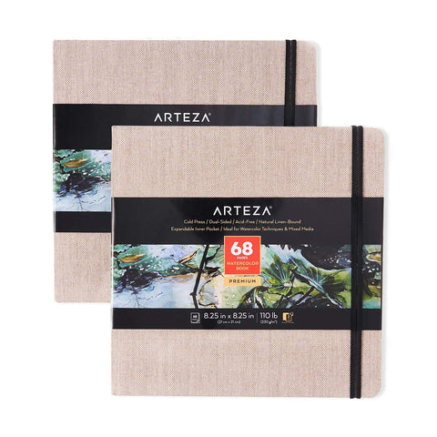ARTEZA Watercolor Sketchbook, 2-Pack, 68 Pages Each, 8.25x8.25 Inches, Beige Watercolor Book, Hardcover 110lb/230gsm Watercolor Notebook